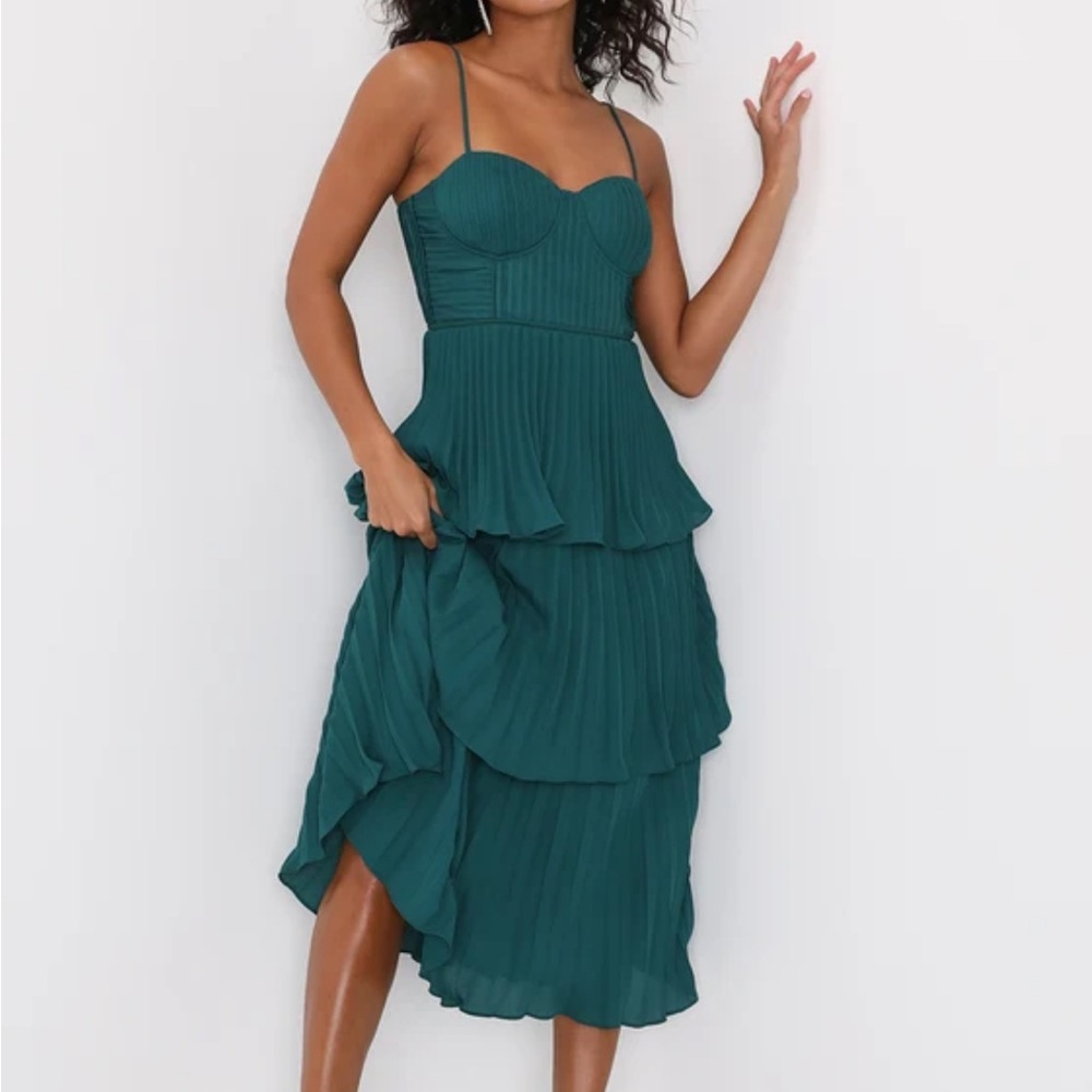 Lulu's Cascading Crush Emerald Tiered Bustier Midi Dress Small S Lulus Green NWT